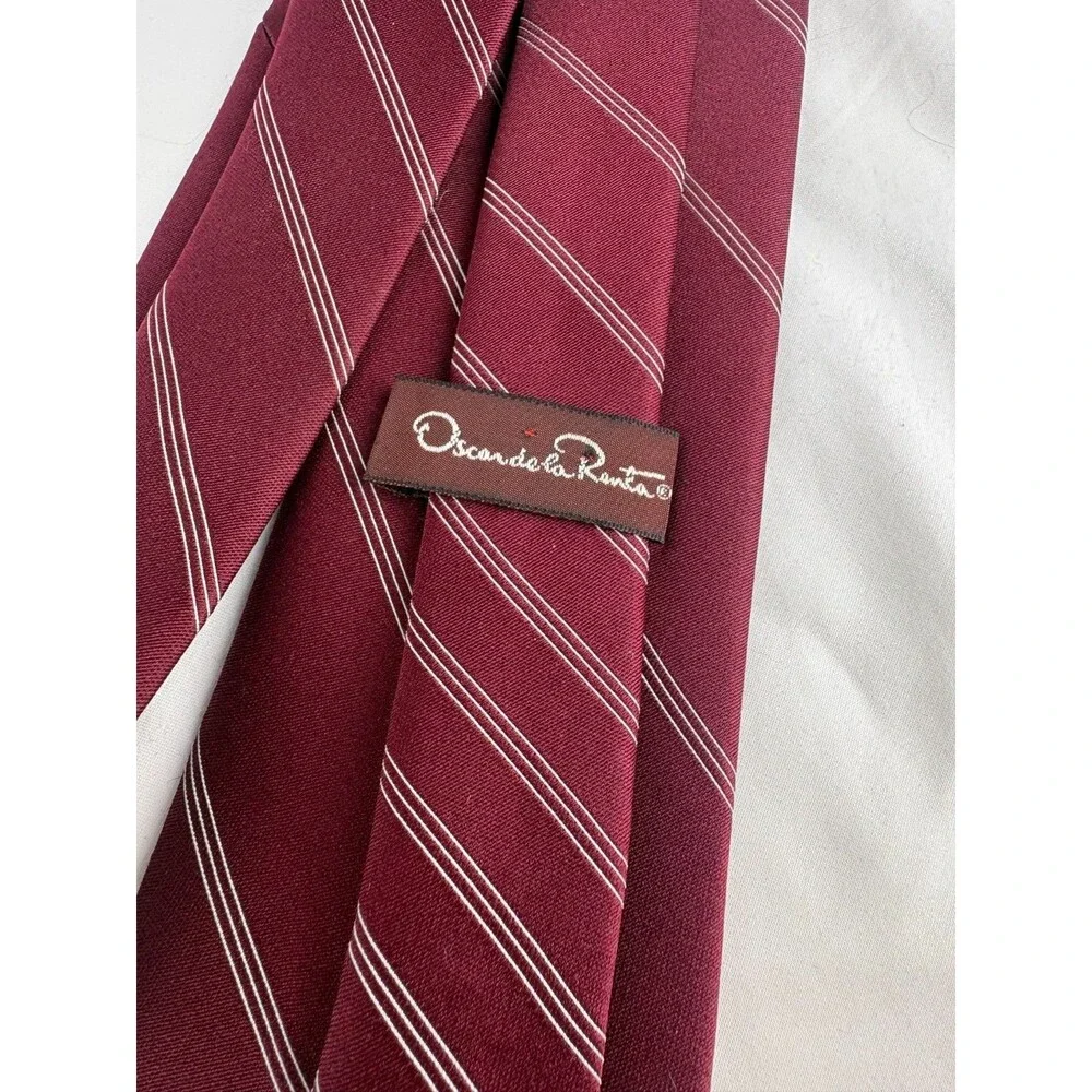 Lot of 2 Vintage Oscar de la Renta Pinstripe Silk Neck Ties Set Burgundy Navy